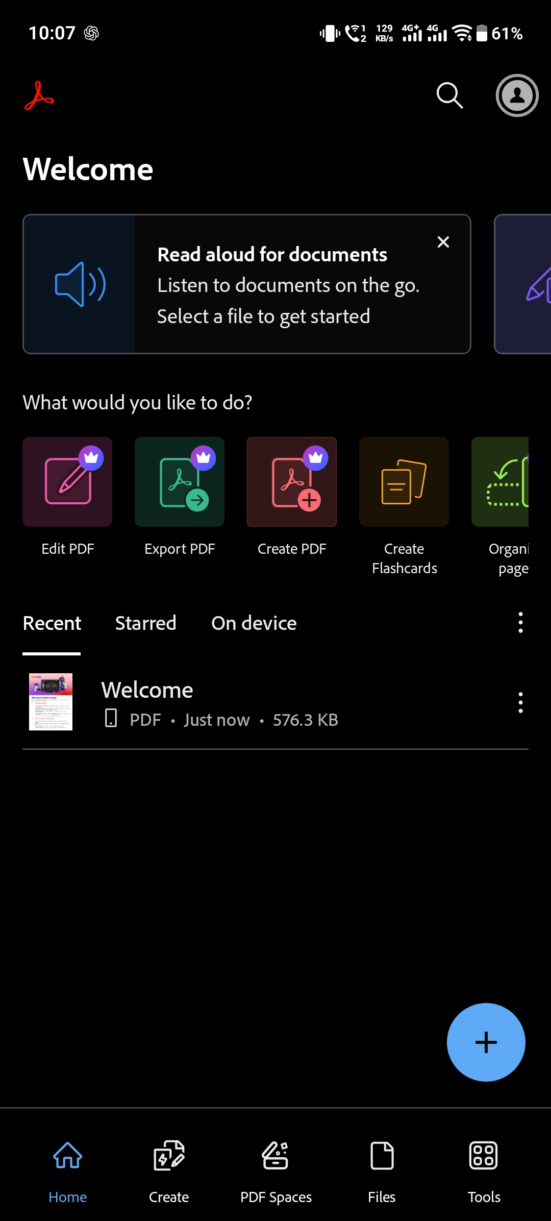 Adobe Acrobat Reader Android home screen showing the Read aloud banner, Edit PDF, Export PDF and Create PDF shortcuts, and a recent PDF file