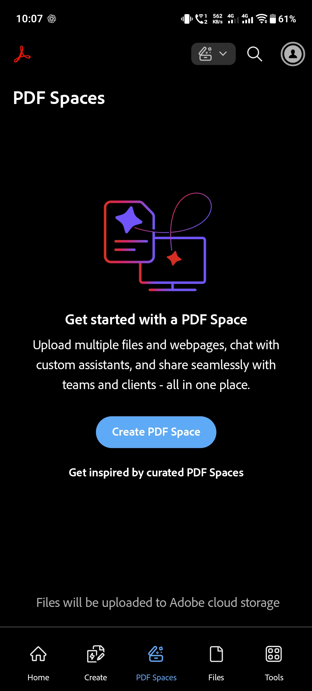 Adobe Acrobat Reader PDF Spaces screen with an option to create a PDF Space for uploading files and collaborating with other people