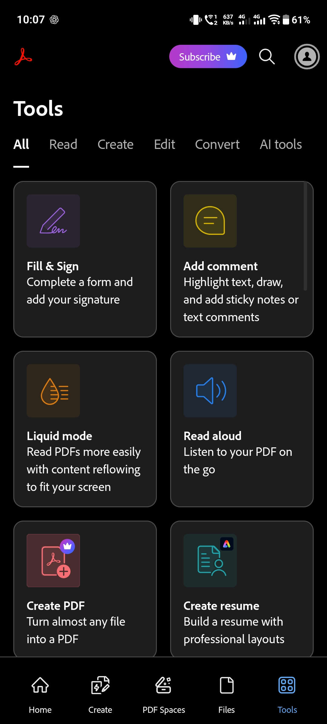 Adobe Acrobat Reader Tools screen showing Fill and Sign, Add comment, Liquid Mode, Read aloud, Create PDF and Create resume tools