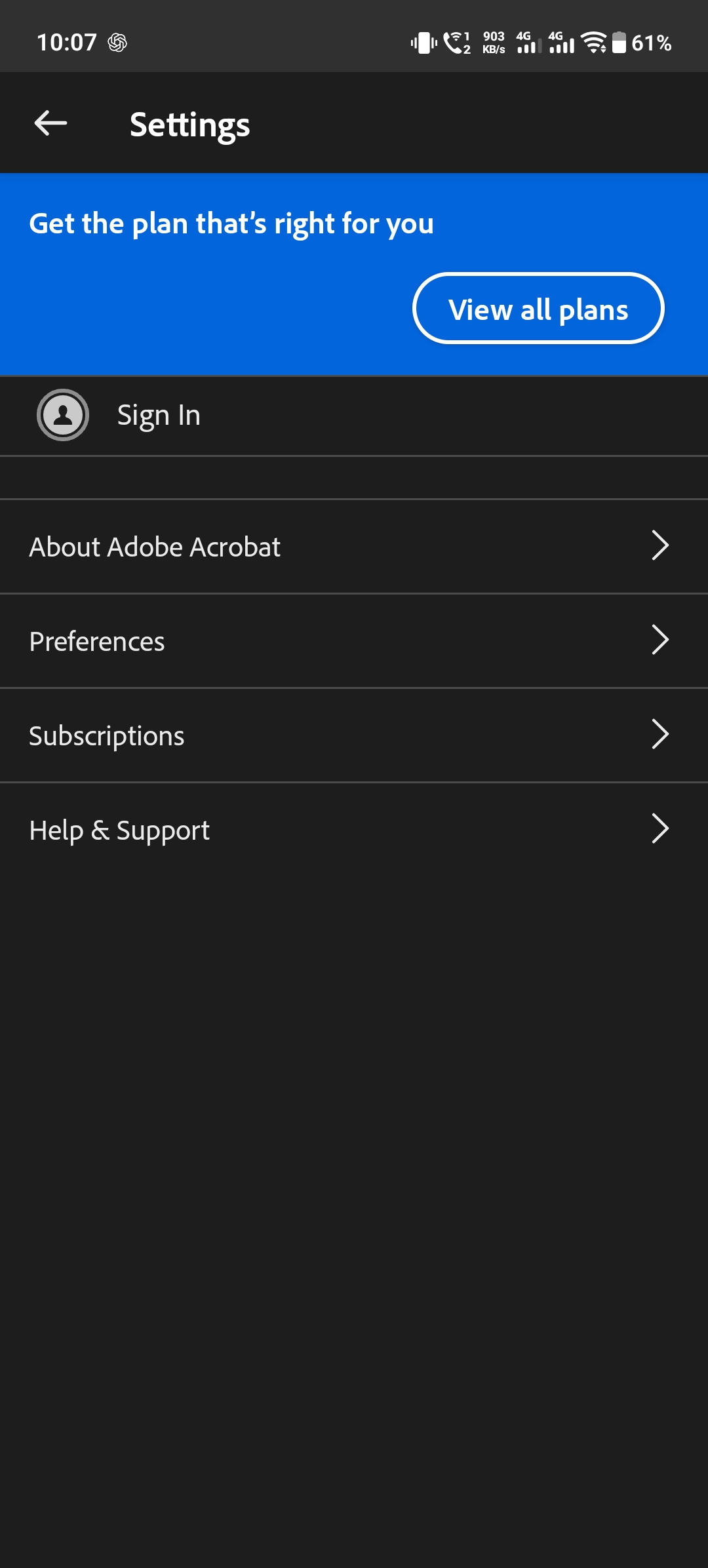 Adobe Acrobat Reader Settings screen showing Sign In, About Adobe Acrobat, Preferences, Subscriptions and Help and Support options