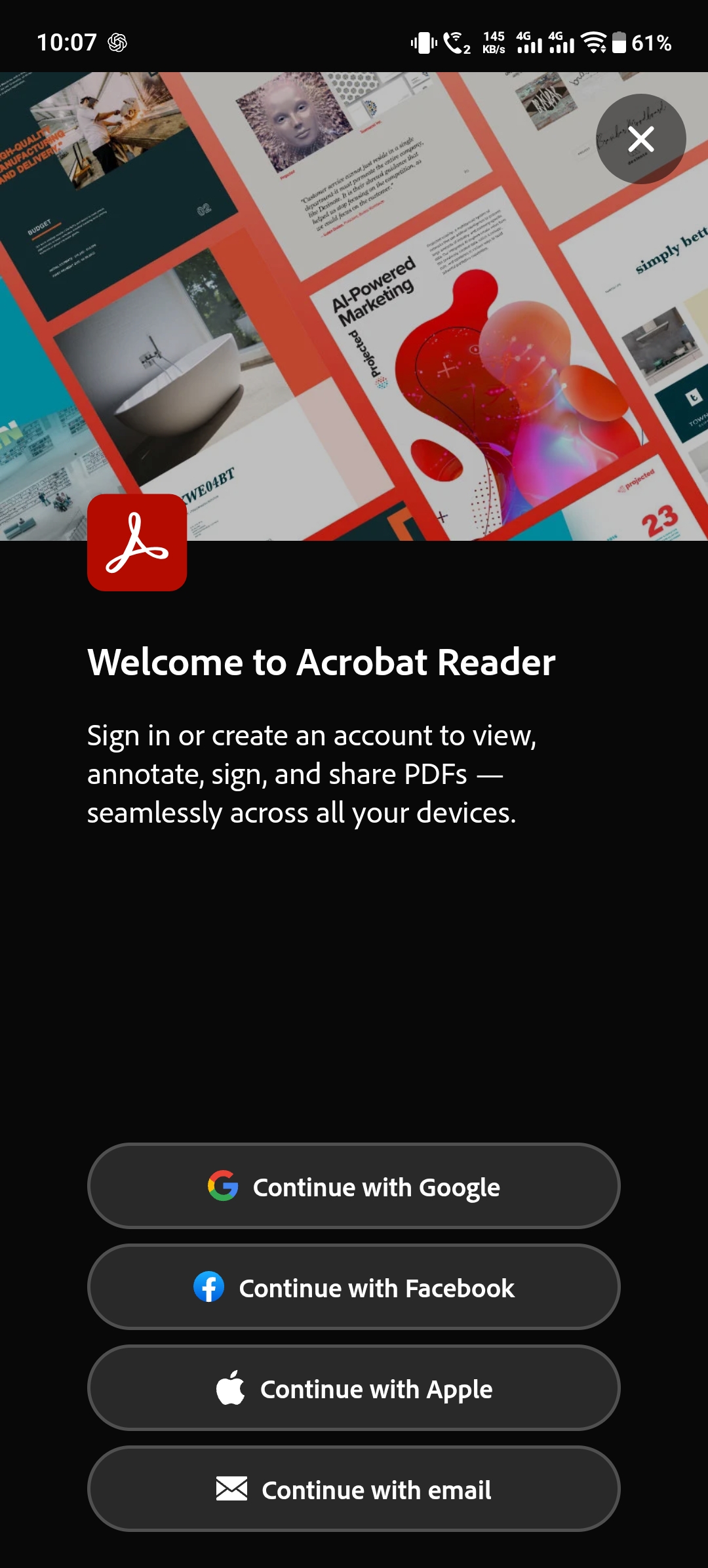 Adobe Acrobat Reader welcome screen with options to continue with Google, Facebook, Apple or email