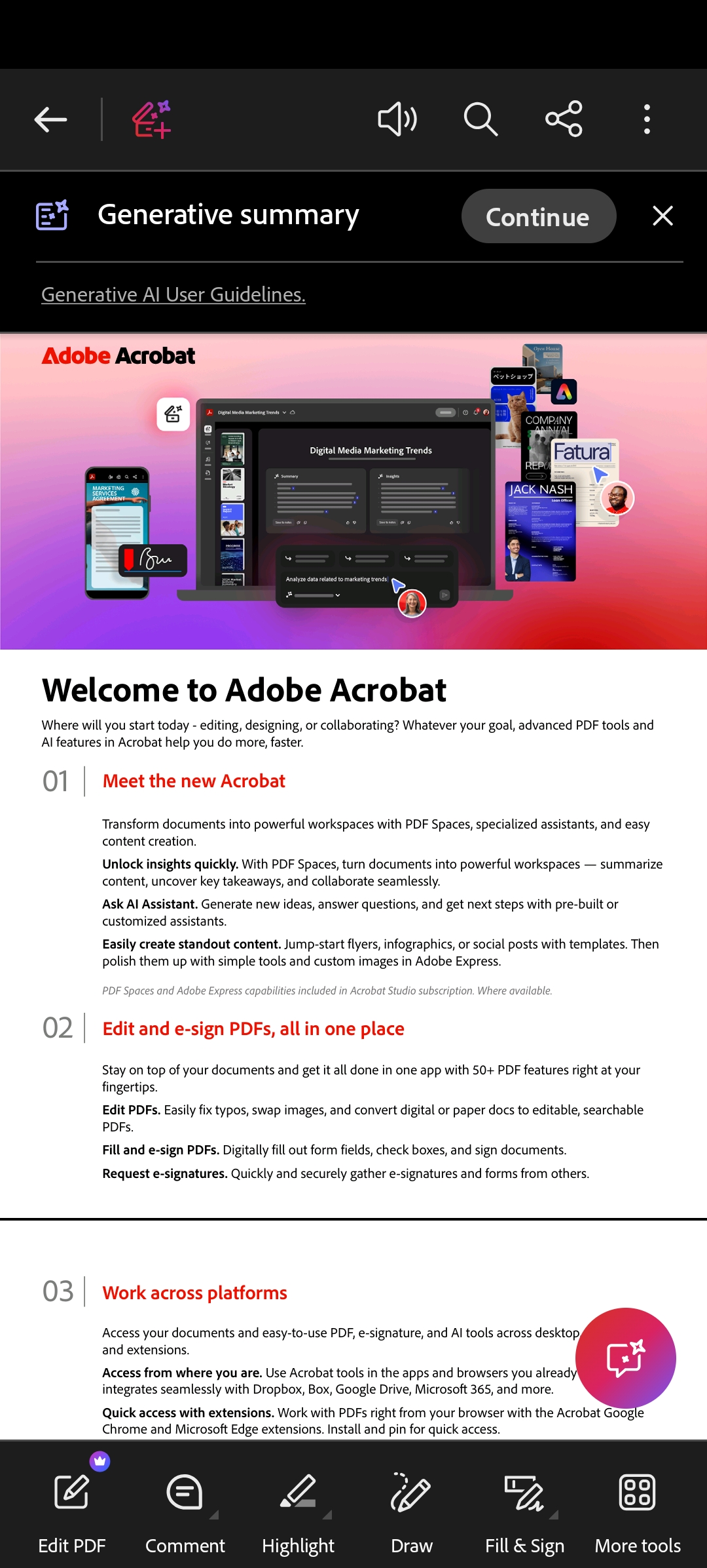 A PDF open in Adobe Acrobat Reader showing the Welcome to Adobe Acrobat document and the Edit PDF, Comment, Highlight, Draw and Fill and Sign toolbar