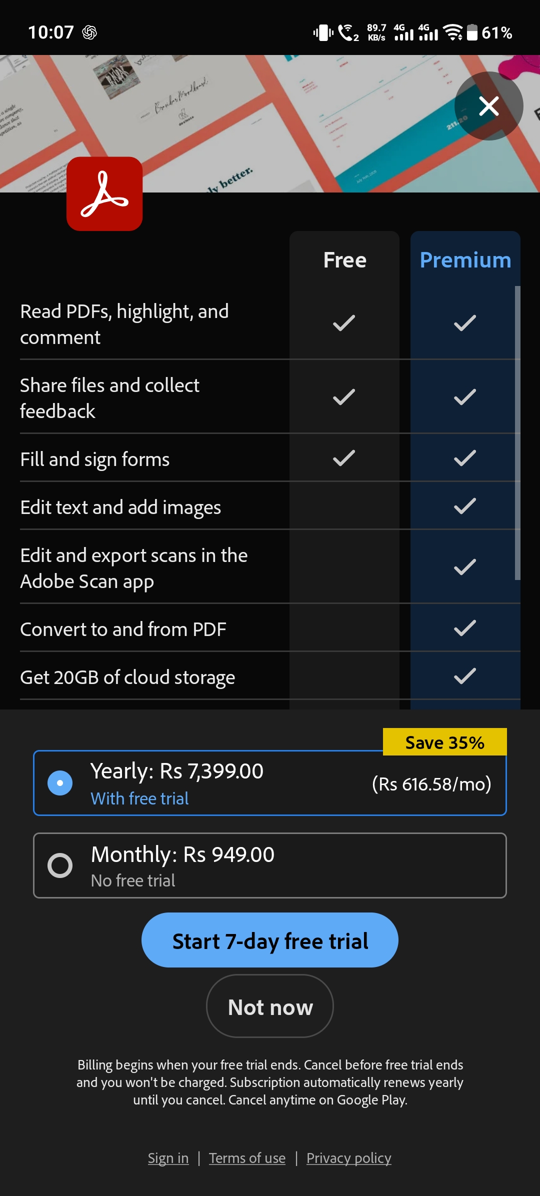 Adobe Acrobat Reader subscription screen comparing Free and Premium features and showing monthly and yearly Premium plan prices